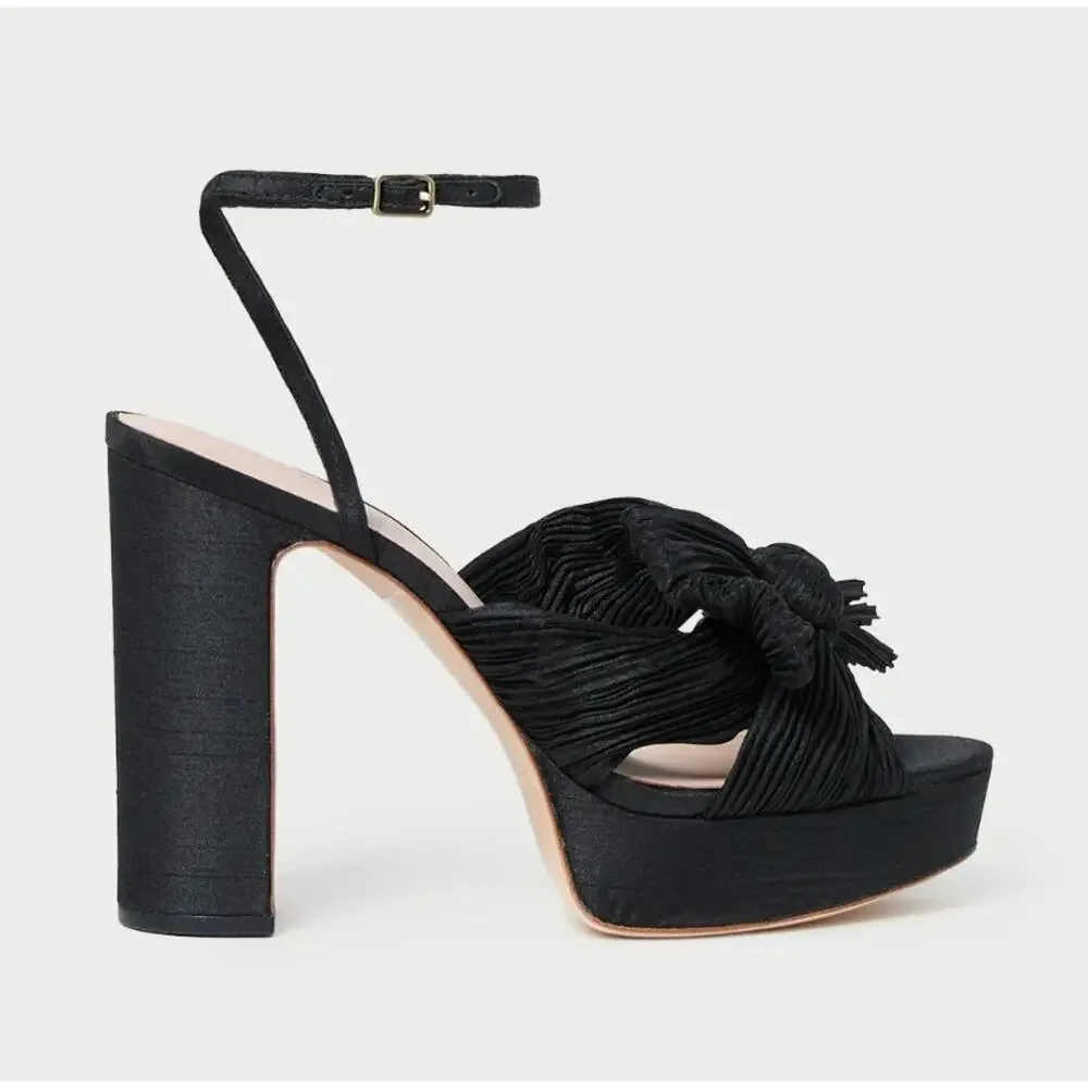 Loeffler Randall Natalia Black Silk Bow Pleated Platform Heel Sandals 6 NWT